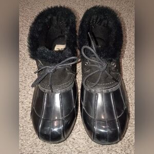 jf j.ferrar Women's Black Faux-Fur Trim Lace-Up Rain Boots